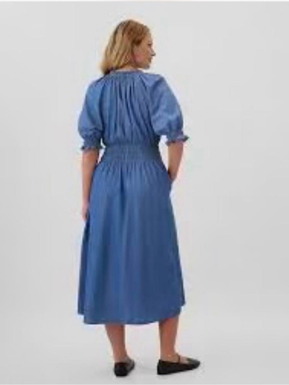 GAP Blue Midi Dress with Smocked Waist and Puff Sleeves